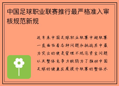 中国足球职业联赛推行最严格准入审核规范新规
