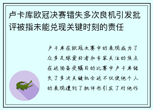 卢卡库欧冠决赛错失多次良机引发批评被指未能兑现关键时刻的责任